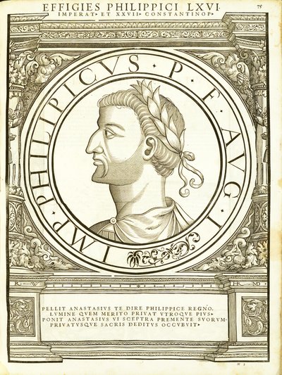 Philippicus, illustration de Imperatorum romanorum omnium orientalium et occidentalium verissimae imagines ex antiquis numismatis - Hans Rudolf Manuel Deutsch